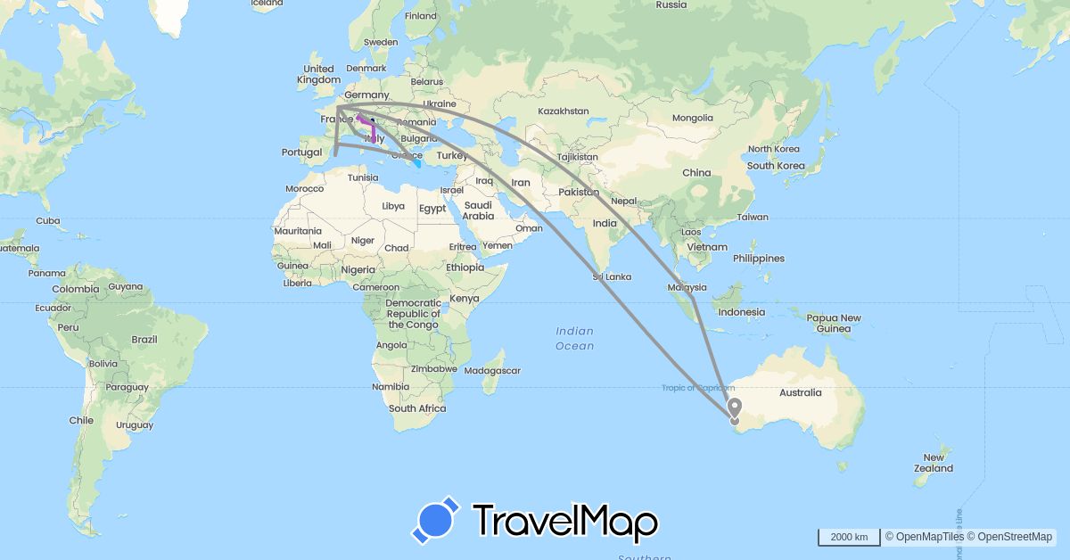 TravelMap itinerary: driving, bus, plane, train, boat in Australia, Switzerland, Spain, France, Greece, Croatia, Italy, Monaco, Singapore (Asia, Europe, Oceania)
